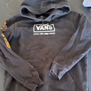 Vans Black Pullover Hoodie with White Logo and Orange Sleeve Detail